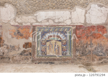 Neptune and Salacia wall mosaic in Herculaneum, Italy 120791294