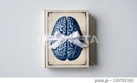a book with a picture of a human brain is wrapped in a gift bow. white background a book with a picture of a human brain is wrapped in a gift bow. white background 120791392