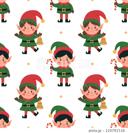Seamless pattern with little cute elves on white background. Santa helpers. Boy with candy cane and girl with bell. Christmas characters. Vector flat illustration for wallpaper, textile, packaging Seamless pattern with little cute elves on white background. Santa helpers. Boy with candy cane and girl with bell. Christmas characters. Vector flat illustration for wallpaper, textile, packaging 120791538