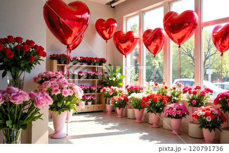 Flower shop decorated with red heart-shaped balloons for Valentine's Day 120791736
