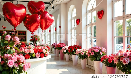 Festive flower shop decoration with red heart-shaped balloons for Valentine's Day 120791737