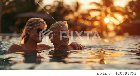 An elderly couple enjoys the sunset in the pool or on the ocean. Family theme 120791753