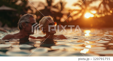 An elderly couple enjoys the sunset in the pool or on the ocean. Family theme 120791755
