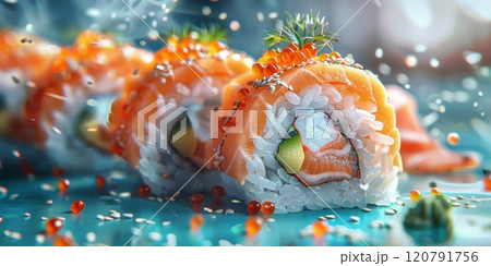 Appetizing rolls with soft cheese and salmon close-up, Asian food 120791756