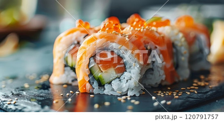 Appetizing rolls with soft cheese and salmon close-up, Asian food 120791757