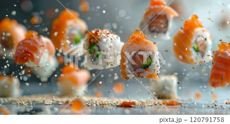 Sushi Japanese food, on a light background in the air, levitating food 120791758