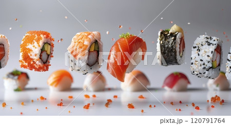 Sushi of different tastes, on a light background in the air, levitating food, spicy 120791764
