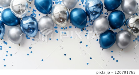 Bright shiny blue and silver balloons on a light background, festive background for text 120791765