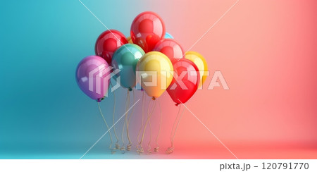 Multi-colored balloons on a bright background, festive pink background for text 120791770