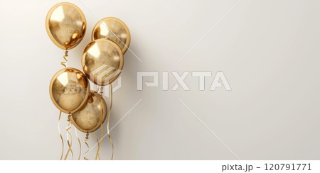 Golden balloons on a light background, festive background 120791771