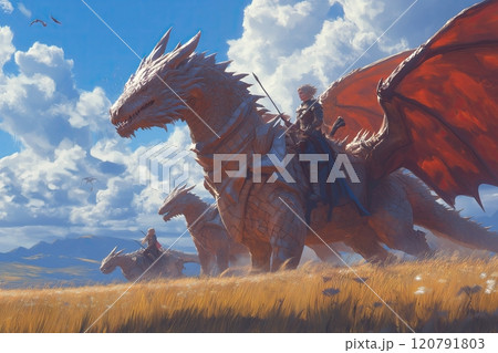 some Young elves, eager to learn the art of dragon riding, practice their skills on smaller dragons in a vast, open field 120791803