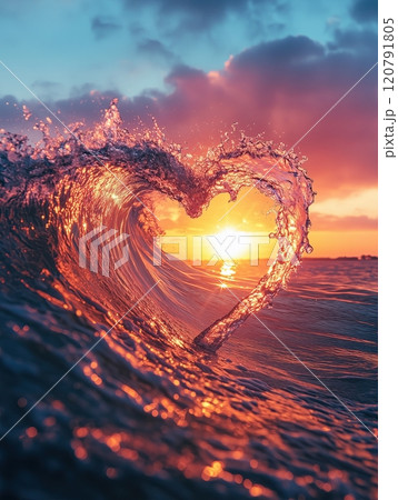 pink and yellow sunset with the sun setting behind an ocean wave that is shaped like a heart 120791805