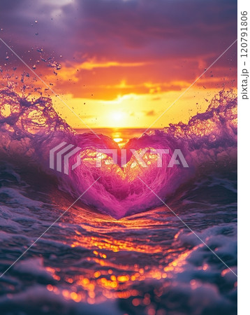 pink and yellow sunset with the sun setting behind an ocean wave that is shaped like a heart 120791806