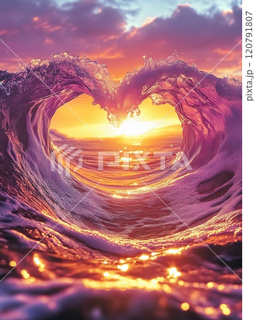 pink and yellow sunset with the sun setting behind an ocean wave that is shaped like a heart 120791807