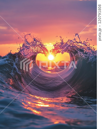 pink and yellow sunset with the sun setting behind an ocean wave that is shaped like a heart 120791808