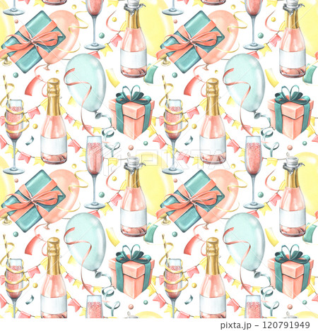 Festive balloons, gifts, champagne in glasses and bottles, confetti and flag garlands. Watercolor illustration hand drawn. Seamless pattern for design of congratulations on white background Festive balloons, gifts, champagne in glasses and bottles, confetti and flag garlands. Watercolor illustration hand drawn. Seamless pattern for design of congratulations on white background 120791949