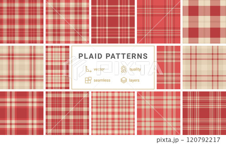 Plaid fabric designs with gingham and check patterns, perfect for rustic wallpapers, textiles, or celtic-inspired clothing prints. 120792217