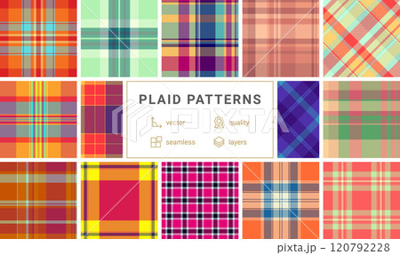Fashionable plaid fabric designs with stripes and check patterns, perfect for repeating textile prints or trendy shirt materials. Fashionable plaid fabric designs with stripes and check patterns, perfect for repeating textile prints or trendy shirt materials. 120792228