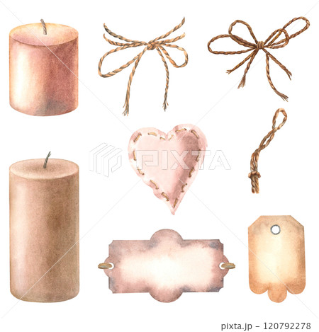 Pillar scented candles, jute rope bows, vintage paper labels and fabric heart. Hand drawn watercolor illustration on isolated background. For cards and stickers for advertising aromatherapy products. 120792278