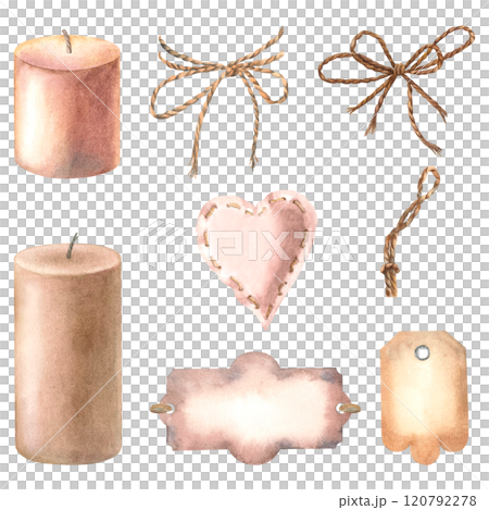 Pillar scented candles, jute rope bows, vintage paper labels and fabric heart. Hand drawn watercolor illustration on isolated background. For cards and stickers for advertising aromatherapy products. 120792278