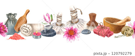 Spa herbal compress balls with water lilies, pebbles, mortar and pestle watercolor isolated seamless border. Soap, towel, loofah, pouch and sea salt horizontal banner template for health resorts. 120792279