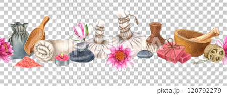 Spa herbal compress balls with water lilies, pebbles, mortar and pestle watercolor isolated seamless border. Soap, towel, loofah, pouch and sea salt horizontal banner template for health resorts. 120792279
