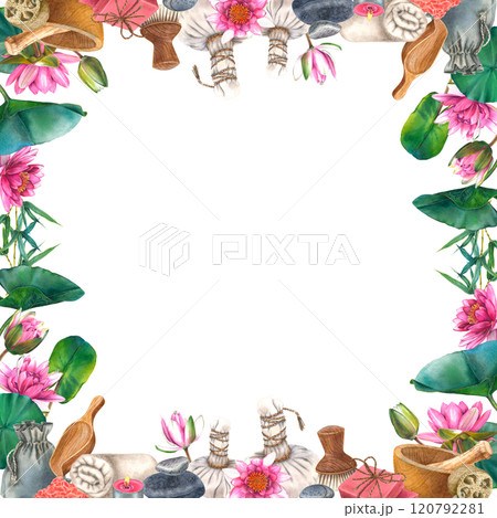 Spa herbal compress balls with water lilies, leaves, pebbles, mortar and pestle watercolor isolated square frame. Soap, towel, loofah, tea candle, pouch and sea salt. Template for wellness resorts. 120792281