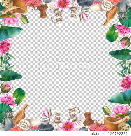 Spa herbal compress balls with water lilies, leaves, pebbles, mortar and pestle watercolor isolated square frame. Soap, towel, loofah, tea candle, pouch and sea salt. Template for wellness resorts. 120792281