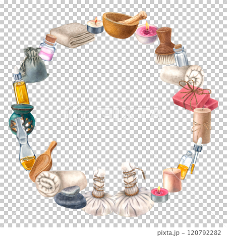 Herbal compress balls, soap, brush, loofah, bottle of body care lotion. Watercolor circle frame with aroma lamp, towels and flasks, suitable for decorating spas and beauty shops or wellness resorts. 120792282