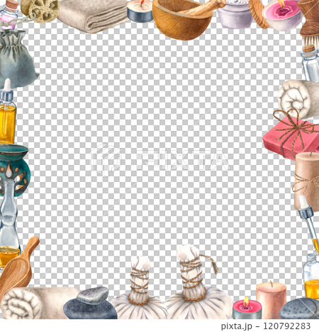 Herbal compress balls, soap, brush, loofah, bottle of body care lotion. Watercolor square frame with aroma lamp, towels and flasks, suitable for decorating spas and beauty shops or wellness resorts. 120792283