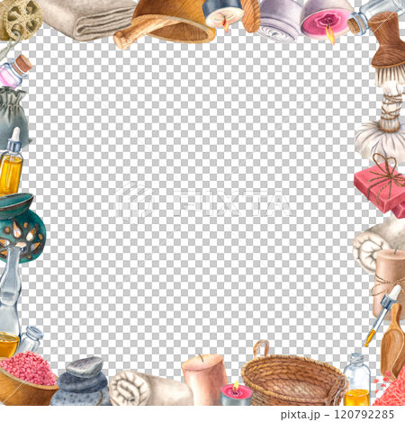 Wicker basket, soap, brush, loofah, bottle of body care lotion. Watercolor frame with aroma lamp, candles, pebbles, towels and flasks, suitable for decorating spas and beauty shops or wellness resorts 120792285