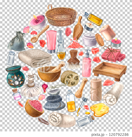 Abstract round emblem with basket, soap, droplet bottle, wooden soft-bristled brush, loofah, bottle of body lotion. Hand-drawn watercolor isolated illustration. Can be used in the beauty industries. Abstract round emblem with basket, soap, droplet bottle, wooden soft-bristled brush, loofah, bottle of body lotion. Hand-drawn watercolor isolated illustration. Can be used in the beauty industries. 120792286