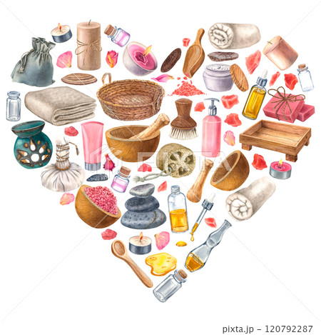 Abstract heart emblem with basket, soap, droplet bottle, wooden soft-bristled brush, loofah, bottle of body lotion. Hand-drawn watercolor isolated illustration. Can be used in the beauty industries. 120792287