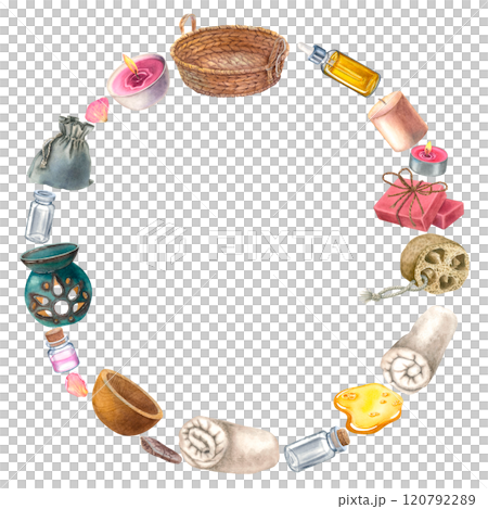 Spa wreath with body care cosmetic, drops of oil, towels and flacons on isolated background. Hand drawn watercolor illustration. Circle frame with basket and essential oil for beauty salon brochure. 120792289