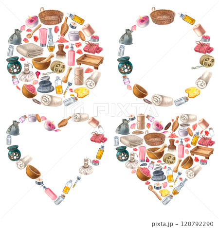 Set of spa wreaths and frames with basket, soap, droplet bottle, wooden soft-bristled brush, loofah . Hand drawn watercolor illustration of body care products isolated on background. For cosmetology. 120792290