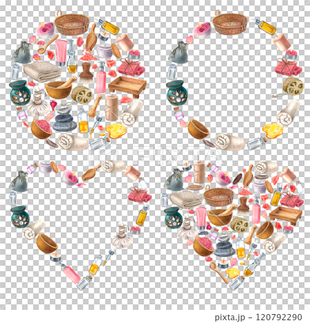 Set of spa wreaths and frames with basket, soap, droplet bottle, wooden soft-bristled brush, loofah . Hand drawn watercolor illustration of body care products isolated on background. For cosmetology. 120792290