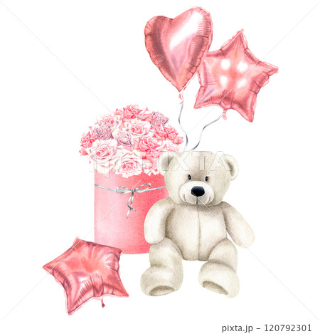 White teddy bear sitting near rose flower gift box with heart and star shaped balloons. Hand drawn watercolor illustration of cute animal and present for Valentine's Day greeting cards or invitations. White teddy bear sitting near rose flower gift box with heart and star shaped balloons. Hand drawn watercolor illustration of cute animal and present for Valentine's Day greeting cards or invitations. 120792301