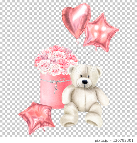 White teddy bear sitting near rose flower gift box with heart and star shaped balloons. Hand drawn watercolor illustration of cute animal and present for Valentine's Day greeting cards or invitations. White teddy bear sitting near rose flower gift box with heart and star shaped balloons. Hand drawn watercolor illustration of cute animal and present for Valentine's Day greeting cards or invitations. 120792301