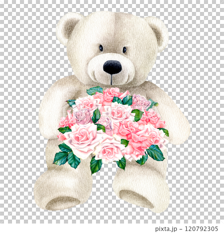 Soft bear toy with a bouquet of pink roses. Hand drawn watercolor illustration of cute animal and flowers for Valentine's Day greeting cards or invitations. Drawing for woman birthday, mothers day. 120792305