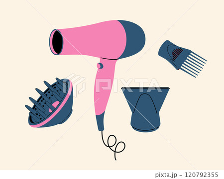 An illustration of a hair dryer and hair dryer attachments. 120792355