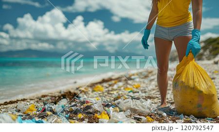 A woman volunteer collects garbage on a muddy beach. Garbage along the seashore against the blue sea, sky and white clouds. The concept of earth day. 120792547