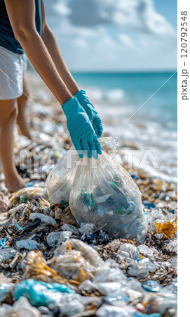 Close up photo of a volunteer in gloves dressed in shorts and T-shirts collect rubbish from the beach in special bag. Vertical photo. Cropped image. Close up photo of a volunteer in gloves dressed in shorts and T-shirts collect rubbish from the beach in special bag. Vertical photo. Cropped image. 120792548