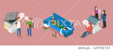 3D Isometric Flat Vector Illustration of Teenagers Bad Habits, Unhealthy Lifestyle 3D Isometric Flat Vector Illustration of Teenagers Bad Habits, Unhealthy Lifestyle 120792723