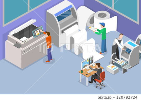 3D Isometric Flat Vector Illustration of Printing House, Employees In A Printing Office Are Busy With Their Tasks 3D Isometric Flat Vector Illustration of Printing House, Employees In A Printing Office Are Busy With Their Tasks 120792724