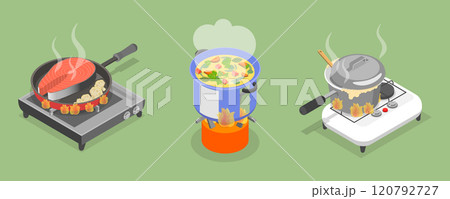 3D Isometric Flat Vector Set of Field Kitchen Elements, Cooking Food On Camp Stoves 120792727