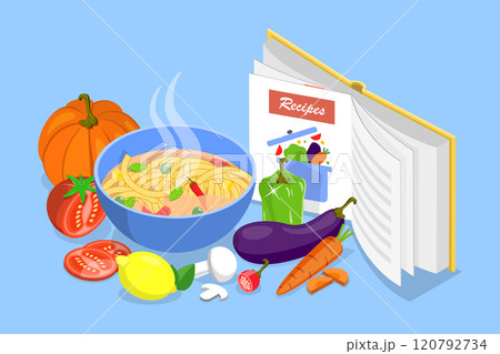 3D Isometric Flat Vector Illustration of Recipe Book, Homemade Preparation Food 120792734