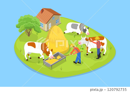 3D Isometric Flat Vector Illustration of Rural Countryside, Agricultural Worker Providing Sustenance To Livestock 120792735