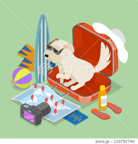 3D Isometric Flat Vector Illustration of Ready To Trip, Joyful Dog In Shades Relaxing In Unzipped Suitcase 3D Isometric Flat Vector Illustration of Ready To Trip, Joyful Dog In Shades Relaxing In Unzipped Suitcase 120792740