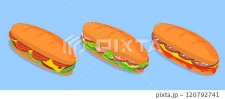 3D Isometric Flat Vector Illustration of baguette Sandwiches, Fast Food, Snacks 3D Isometric Flat Vector Illustration of baguette Sandwiches, Fast Food, Snacks 120792741