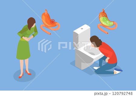 3D Isometric Flat Vector Illustration of Digestive Problem, Ill Individual Discharging Stomach Contents 120792748